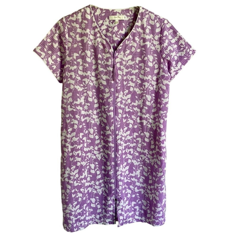 Coral Bay Purple White Floral Waffle Full Zip Up Duster Robe Housecoat Small NEW